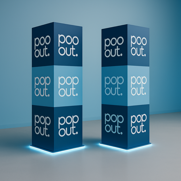 tótem de cartón personalizado tipo columna publicitaria 3D para eventos